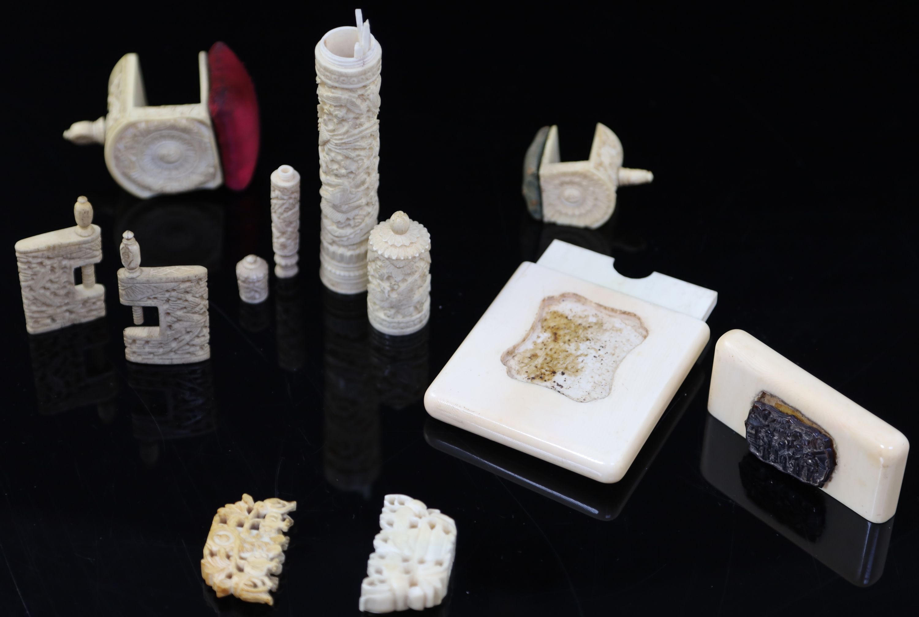 A group of 19th century Chinese carved ivory sewing accessories